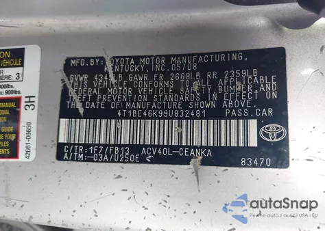 2009 Toyota Camry Le z USA, uszkodzony, nr VIN 4T1BE46K99U832481